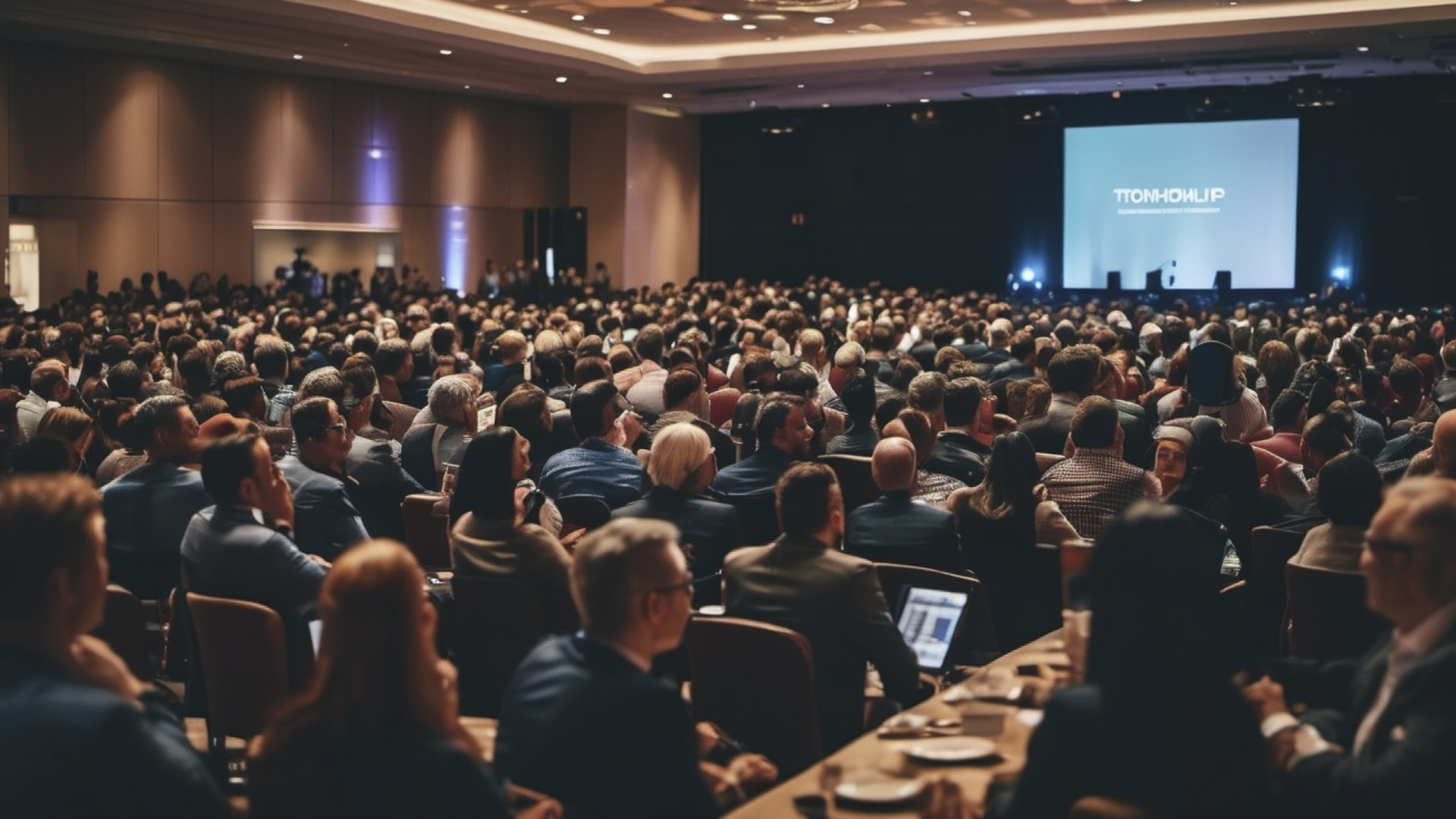 A large audience attending a conference in a dimly lit room.